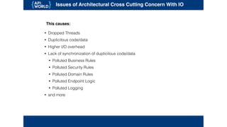Issues of Architectural Cross Cutting Concern With IO
This causes:
• Dropped Threads
• Duplicitous code/data
• Higher I/O overhead
• Lack of synchronization of duplicitous code/data
• Polluted Business Rules
• Polluted Security Rules
• Polluted Domain Rules
• Polluted Endpoint Logic
• Polluted Logging
• and more
 
