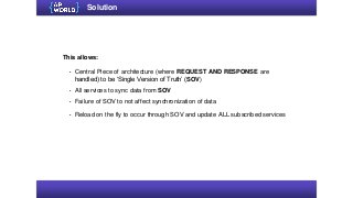 Solution
This allows:
• Central Piece of architecture (where REQUEST AND RESPONSE are
handled) to be ‘Single Version of Truth’ (SOV)
• All services to sync data from SOV
• Failure of SOV to not affect synchronization of data
• Reload on the fly to occur through SOV and update ALL subscribed services
 
