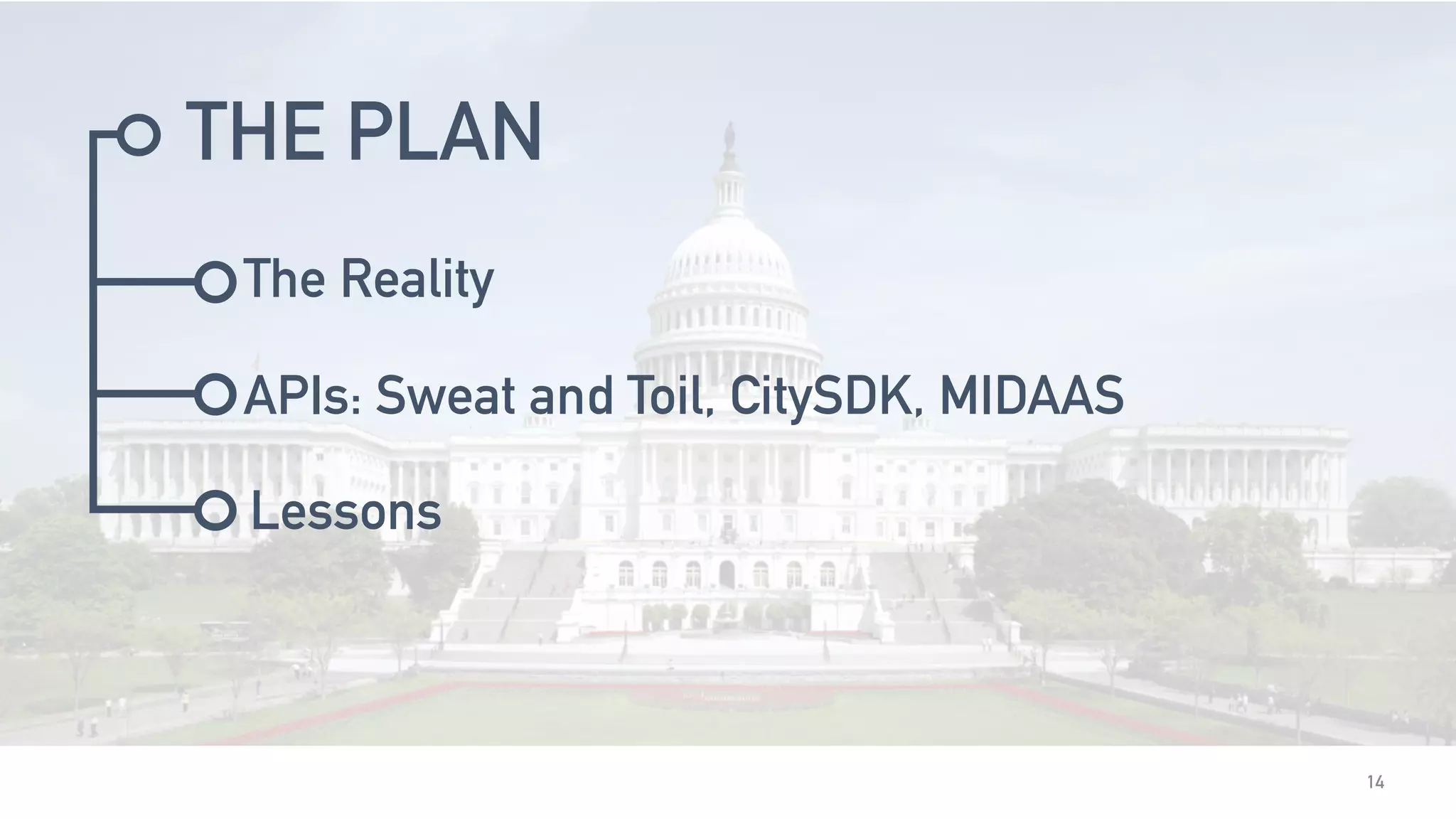 THE PLAN
14
The Reality
APIs: Sweat and Toil, CitySDK, MIDAAS
Lessons
 