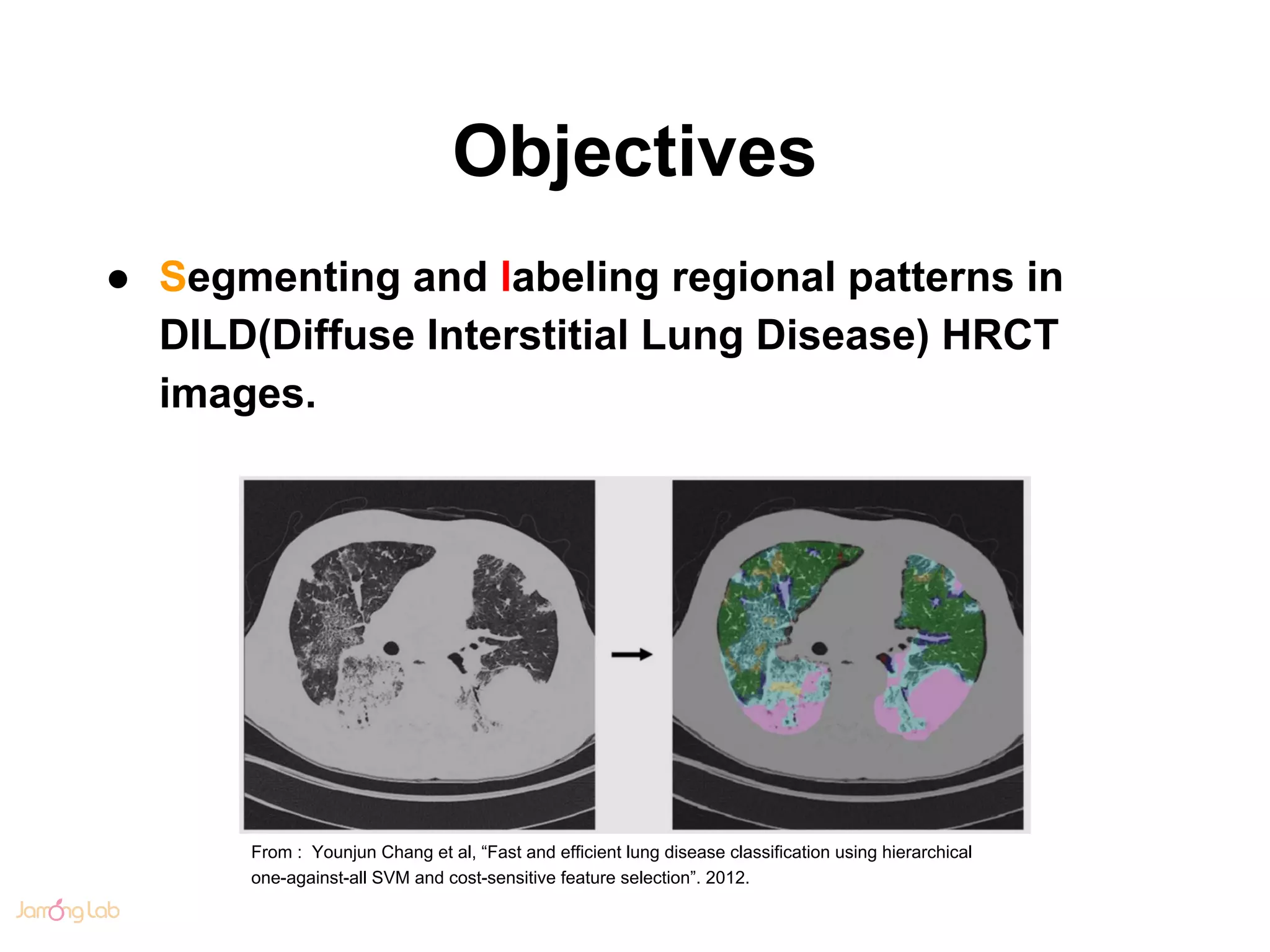 Objectives
● Segmenting and labeling regional patterns in
DILD(Diffuse Interstitial Lung Disease) HRCT
images.
From : Younjun Chang et al, “Fast and efficient lung disease classification using hierarchical
one-against-all SVM and cost-sensitive feature selection”. 2012.
 