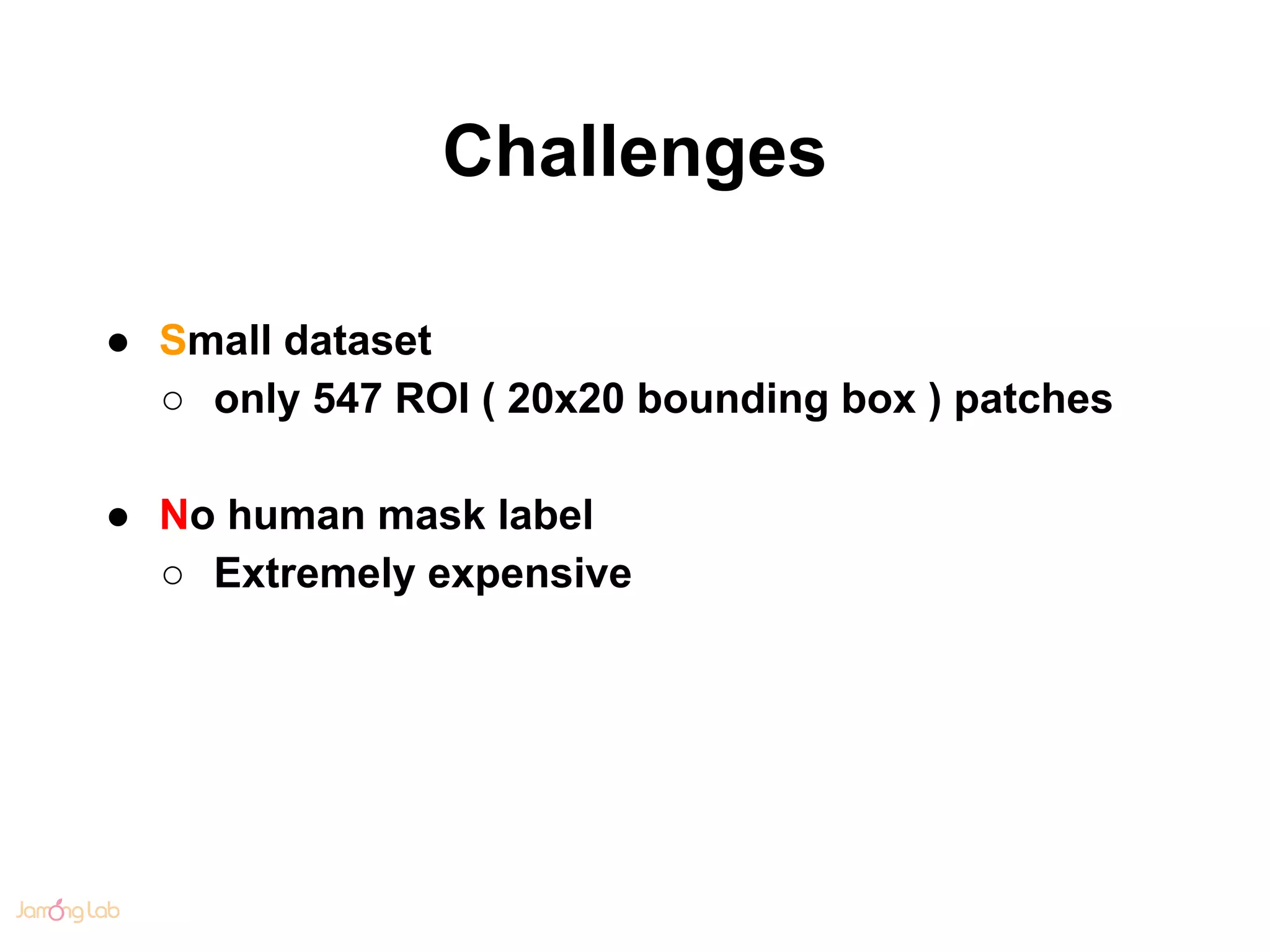Challenges
● Small dataset
○ only 547 ROI ( 20x20 bounding box ) patches
● No human mask label
○ Extremely expensive
 
