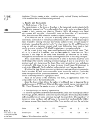 APJML                freshness. Value for money, a price - perceived quality trade off (Livesey and Lennon,
                     1978) was identified as another distinct parameter.
18,4
                     4. Results and discussions
                     4.1. Marketing mix of the firms
                     The marketing mix of the firms, as described in the framework was investigated with
                     the following observations. The products of the firms under study were observed with
334                  respect to their meaning and direction (Kapferer, 2003). KJ products were found
                     synonymous with exquisite craftsmanship, taste and innovation. MN, on the other
                     hand, was associated with affordable snacks for regular consumption.
                        It was observed that KT’s success in the early 1990s was owing to its product
                     innovations and its effort to popularize celebration cakes. However, with the passage of
                     time, it failed to come up with new innovations and moved into popular snacks by
                     arbitrarily expanding the retail network. The other brands like BS and UC could not
                     come up with any signature product which could differentiate them; most of their
                     products were an imitation of KJ. All of JJ products were commonly available.
                        All the brands in this study were small businesses having limited funds. Their
                     shops, be it owned or franchised, were the best option for advertisements. Since
                     majority of the shops in the chain were franchised (as observed in the study),
                     management of franchisees was crucial in the implementation of marketing strategies.
                                                                                    ´
                        It was observed that MN shops were uniform in terms of decor and effectively used
                     the frontage of the store by installing prominent signage. It used in-shop promos, like
                     posters which were hung inside the shops. Also, festive promotions were undertaken
                     occasionally. MN aimed to use its shops to create brand image. SS attempted to
                                                                                                 ´
                     replicate the MN model. JJ’s shops lacked uniformity in terms of signage, decor, etc.
                                              ´
                        KJ utilized the shop decor to create an ambience and used special promotions during
                     festive occasions. KJ built an aura around its brand by making its shop a destination
                     store through occasional print advertisements. Other brands namely, BS, UC and KT
                                                                   ´
                     lacked uniformity in terms of signage and decor.
                        Based on the prices of the commonly sold items, an approximate index was
                     composed for each of the brands (Table II).
                        It may be observed that KJ was the highest priced brand, may be targeting the up
                     market customers. KT, UC and BS targeted the upper middle income customers while
                     MN, SS and JJ targeted the popular segment of middle income buyers (Table III).

                     4.2. Investigation for the basis of segmentation
                     The basis of segmentation of the bakery market of Kolkata was investigated for four
                     factors: age, gender, education and income by measuring the dependency of each of the
                     independent factors on brand patronage through chi-square tests. The dependency of
                     income on brand purchase, with a P-value of chi-square test was found to be 0.04 for
                     six income groups. Since, target segment of the firms, as observed from the marketing

                                                                      Brand name
                     Items                KJ         SS       KT          UC       MN          JJ        BS
Table II.
Price index of the   Indexed price        200        100      171.4     171.4      100        100       171.4
brands (taking MN
as the base)         Source: Shop observations, price lists
 