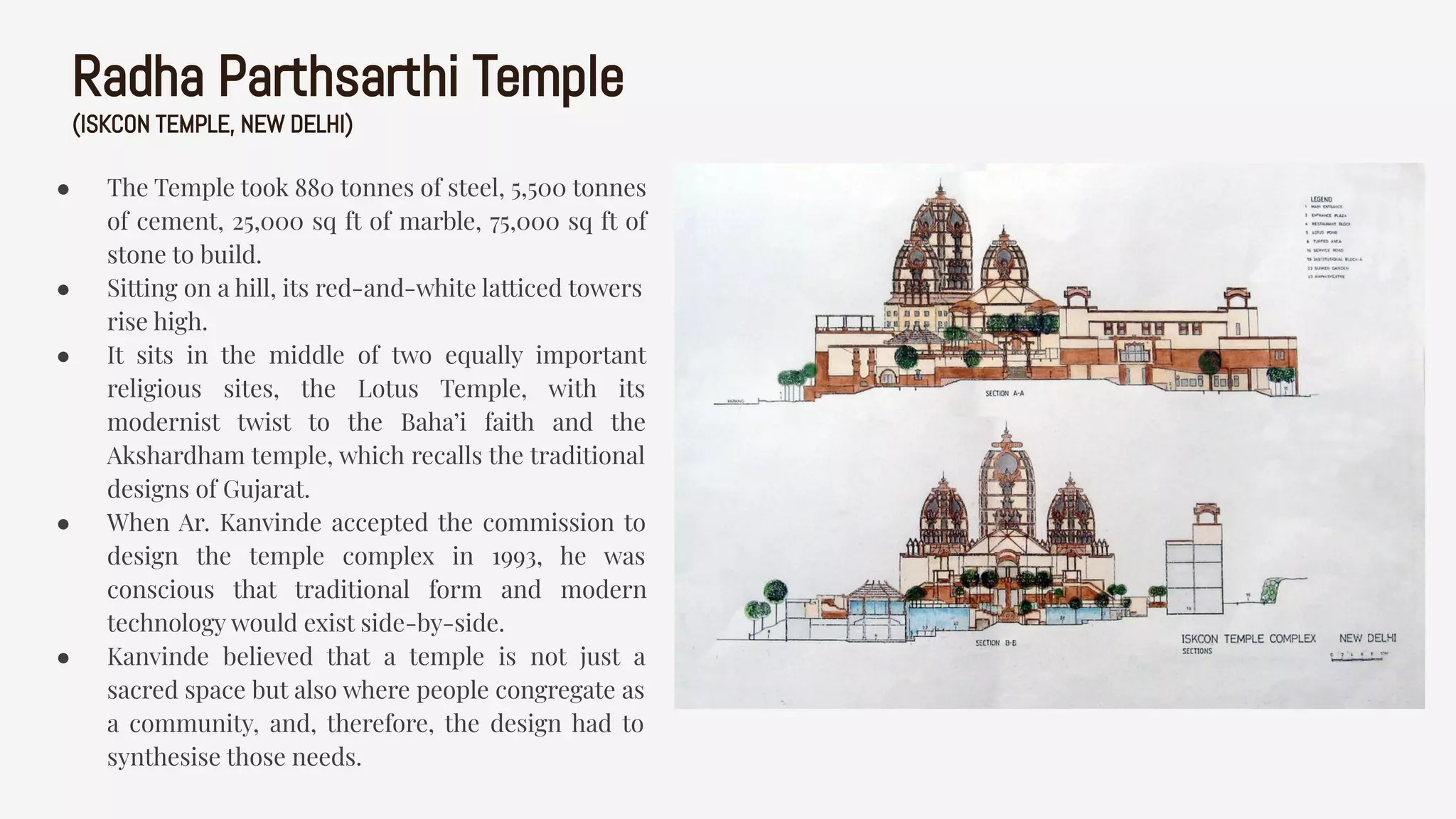 ● The Temple took 880 tonnes of steel, 5,500 tonnes
of cement, 25,000 sq ft of marble, 75,000 sq ft of
stone to build.
● Sitting on a hill, its red-and-white latticed towers
rise high.
● It sits in the middle of two equally important
religious sites, the Lotus Temple, with its
modernist twist to the Baha’i faith and the
Akshardham temple, which recalls the traditional
designs of Gujarat.
● When Ar. Kanvinde accepted the commission to
design the temple complex in 1993, he was
conscious that traditional form and modern
technology would exist side-by-side.
● Kanvinde believed that a temple is not just a
sacred space but also where people congregate as
a community, and, therefore, the design had to
synthesise those needs.
Radha Parthsarthi Temple
(ISKCON TEMPLE, NEW DELHI)
 