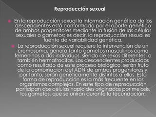 Reproducción sexual

En la reproducción sexual la información genética de los
 descendientes está conformada por el aporte genético
 de ambos progenitores mediante la fusión de las células
  sexuales o gametos; es decir, la reproducción sexual es
              fuente de variabilidad genética.
 La reproducción sexual requiere la intervención de un
   cromosoma, genera tanto gametos masculinos como
 femeninos o dos individuos, siendo de sexos diferentes, o
   también hermafroditas. Los descendientes producidos
   como resultado de este proceso biológico, serán fruto
   de la combinación del ADN de ambos progenitores y,
    por tanto, serán genéticamente distintos a ellos. Esta
     forma de reproducción es la más frecuente en los
    organismos complejos. En este tipo de reproducción
  participan dos células haploides originadas por meiosis,
    los gametos, que se unirán durante la fecundación.
 