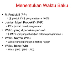 Menentukan Waktu Baku
• % Produktif (PP)
= (∑ produktif / ∑ pengamatan) x 100%
• Jumlah Menit Produktif (JMP)
= PP x jumlah menit pengamatan
• Waktu yang diperlukan per unit
= ( JMP / unit yang dihasilkan selama pengamatan )
• Waktu Normal (Wn)
= waktu yang diperlukan x Rating Faktor
• Waktu Baku (Wb)
= Wn x (100 / (100 – All))
 