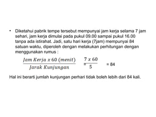 • Diketahui pabrik tempe tersebut mempunyai jam kerja selama 7 jam
sehari, jam kerja dimulai pada pukul 09.00 sampai pukul 16.00
tanpa ada istirahat. Jadi, satu hari kerja (7jam) mempunyai 84
satuan waktu, diperoleh dengan melakukan perhitungan dengan
menggunakan rumus :
= = 84
Hal ini berarti jumlah kunjungan perhari tidak boleh lebih dari 84 kali.
 