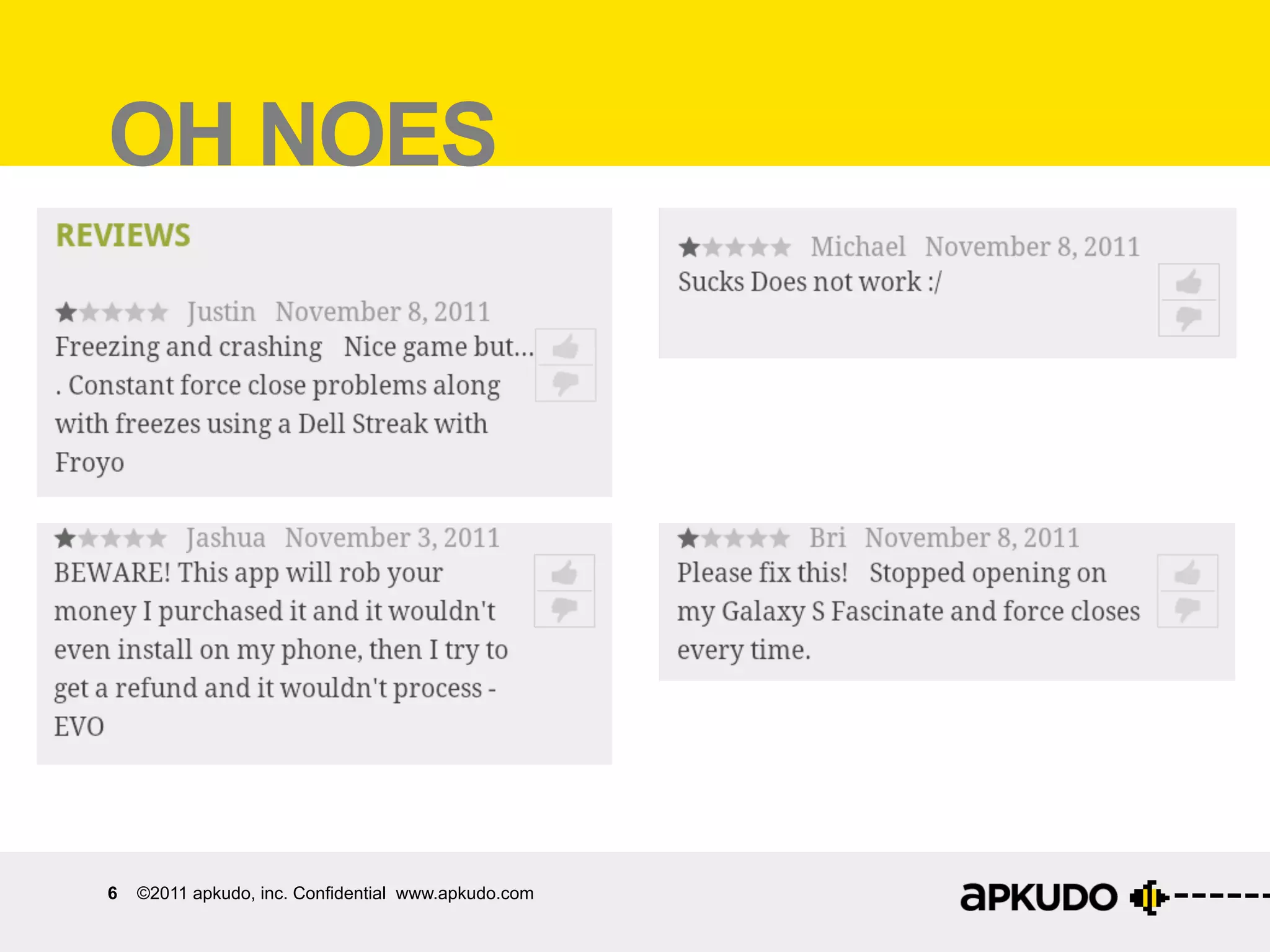 OH NOES




6   ©2011 apkudo, inc. Confidential www.apkudo.com
 