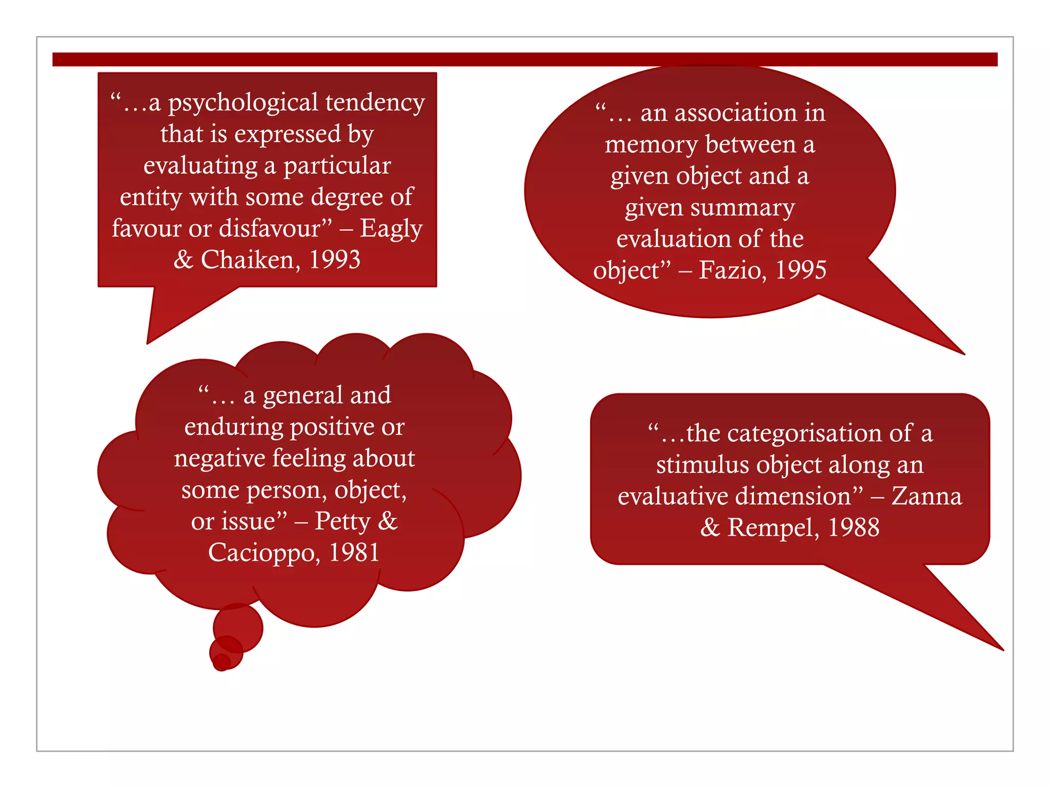 “…a psychological tendency
that is expressed by
evaluating a particular
entity with some degree of
favour or disfavour” – Eagly
& Chaiken, 1993
“… an association in
memory between a
given object and a
given summary
evaluation of the
object” – Fazio, 1995
“… a general and
enduring positive or
negative feeling about
some person, object,
or issue” – Petty &
Cacioppo, 1981
“…the categorisation of a
stimulus object along an
evaluative dimension” – Zanna
& Rempel, 1988
 