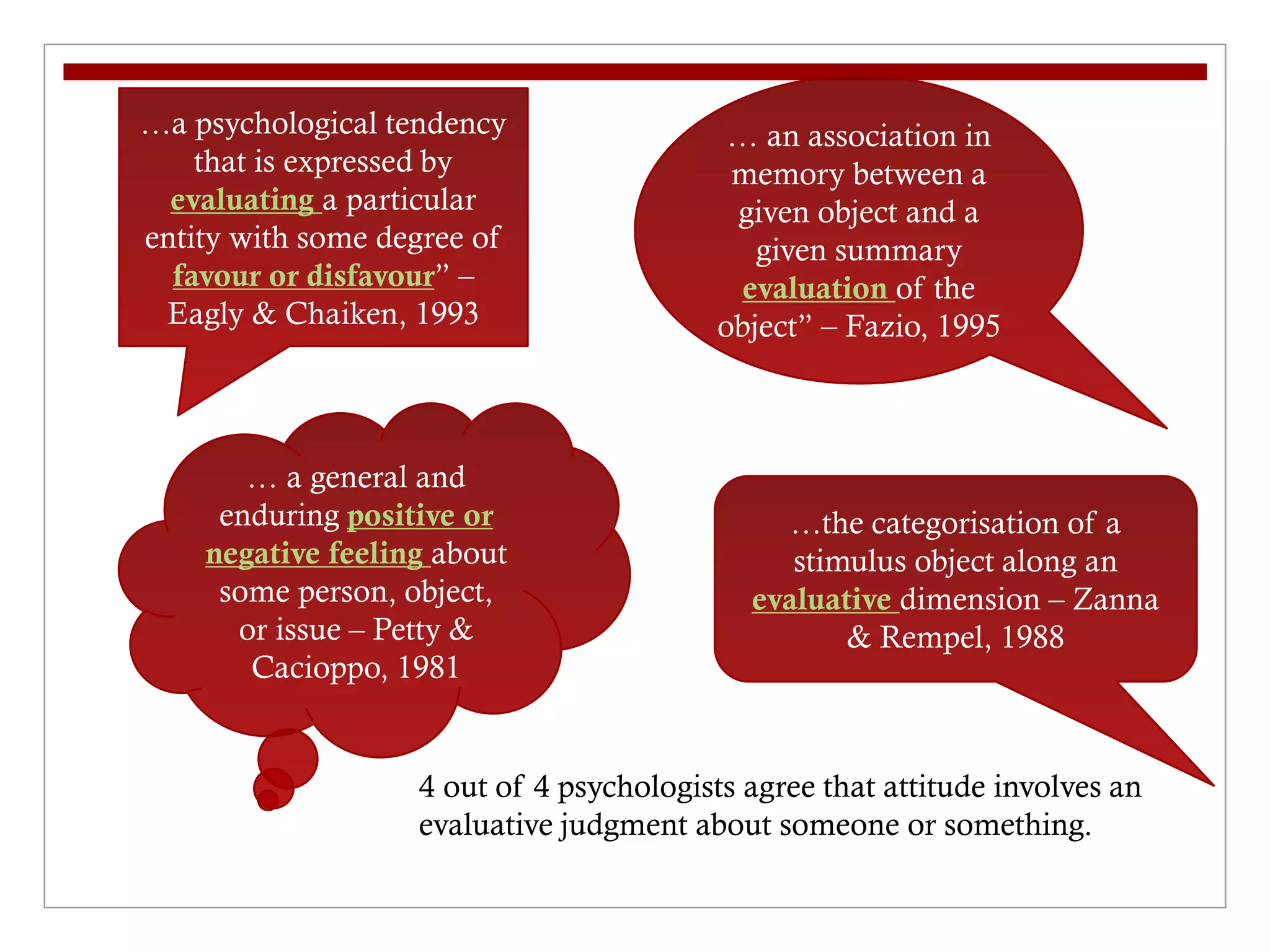 …a psychological tendency
that is expressed by
evaluating a particular
entity with some degree of
favour or disfavour” –
Eagly & Chaiken, 1993
… an association in
memory between a
given object and a
given summary
evaluation of the
object” – Fazio, 1995
… a general and
enduring positive or
negative feeling about
some person, object,
or issue – Petty &
Cacioppo, 1981
…the categorisation of a
stimulus object along an
evaluative dimension – Zanna
& Rempel, 1988
4 out of 4 psychologists agree that attitude involves an
evaluative judgment about someone or something.
 