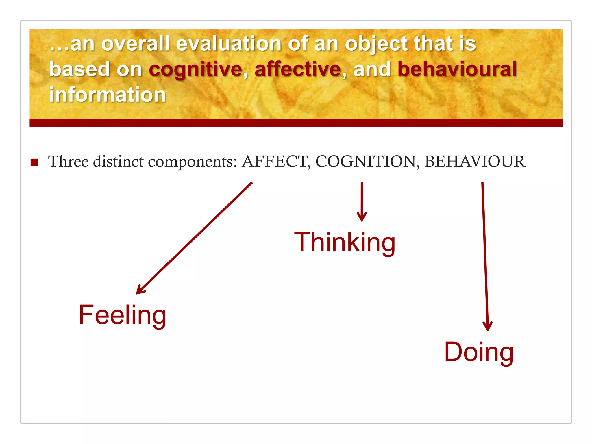 …an overall evaluation of an object that is
based on cognitive, affective, and behavioural
information
 Three distinct components: AFFECT, COGNITION, BEHAVIOUR
Feeling
Thinking
Doing
 