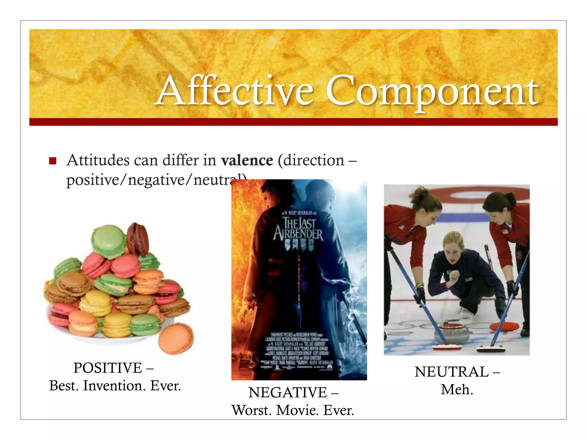 Affective Component
 Attitudes can differ in valence (direction –
positive/negative/neutral)
POSITIVE –
Best. Invention. Ever. NEGATIVE –
Worst. Movie. Ever.
NEUTRAL –
Meh.
 