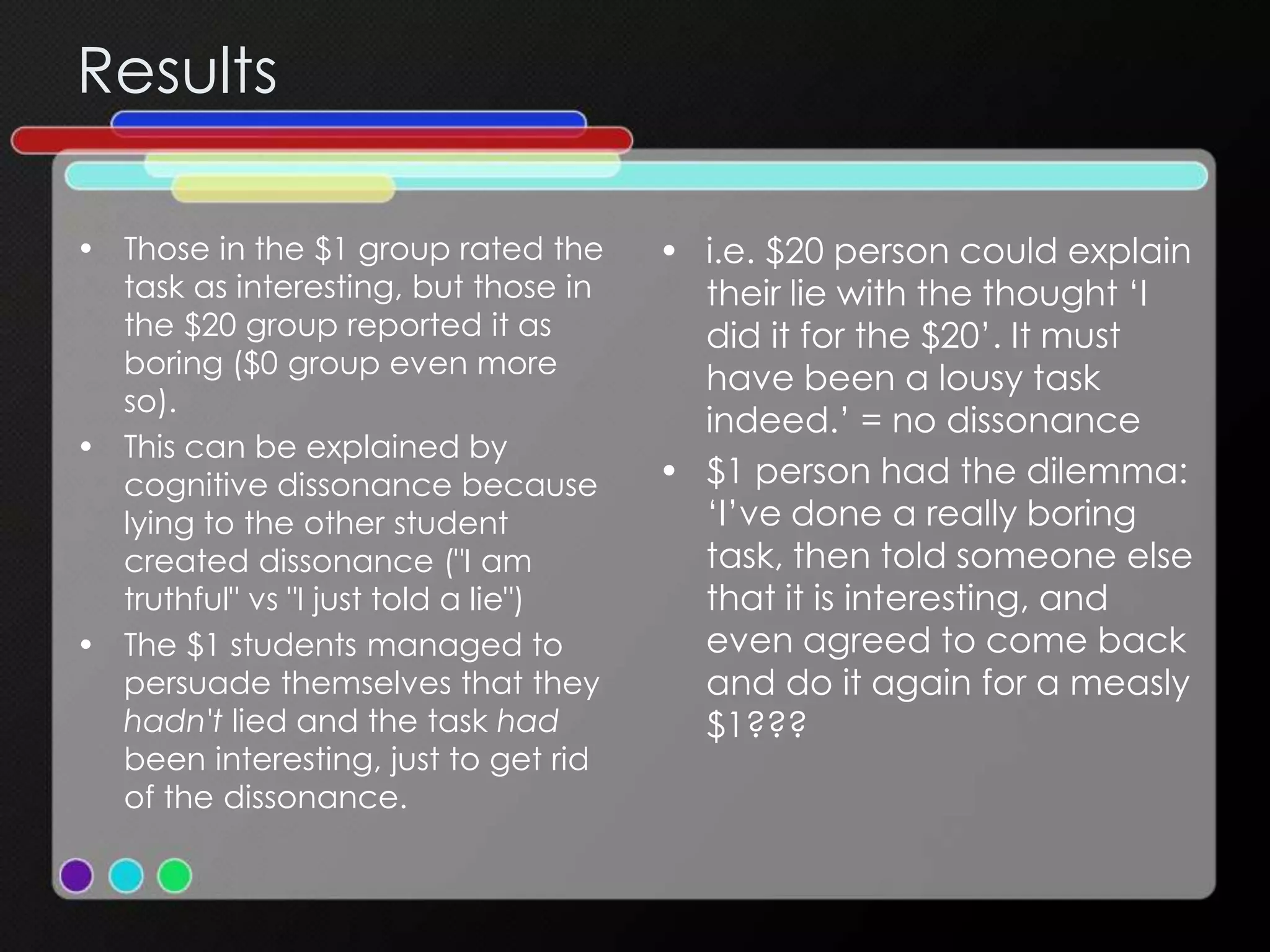 Results
• Those in the $1 group rated the
task as interesting, but those in
the $20 group reported it as
boring ($0 group even more
so).
• This can be explained by
cognitive dissonance because
lying to the other student
created dissonance ("I am
truthful" vs "I just told a lie")
• The $1 students managed to
persuade themselves that they
hadn't lied and the task had
been interesting, just to get rid
of the dissonance.
• i.e. $20 person could explain
their lie with the thought ‘I
did it for the $20’. It must
have been a lousy task
indeed.’ = no dissonance
• $1 person had the dilemma:
‘I’ve done a really boring
task, then told someone else
that it is interesting, and
even agreed to come back
and do it again for a measly
$1???
 