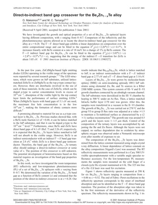 APPLIED PHYSICS LETTERS                                            VOLUME 79, NUMBER 6                                   6 AUGUST 2001


Direct-to-indirect band gap crossover for the Bex Zn1À x Te alloy
          O. Maksimova),c) and M. C. Tamargob),c)
          New York State Center for Advanced Technology on Ultrafast Photonics, Center for Analysis of Structures
          and Interfaces, City College of New York, New York, New York 10031
          ͑Received 9 April 2001; accepted for publication 5 June 2001͒
          We have investigated the growth and optical properties of a set of Bex Zn1Ϫx Te epitaxial layers
          having different composition, with x ranging from 0–0.7. Comparison of the reﬂectivity and the
          photoluminescence spectra allowed us to locate the direct-to-indirect band gap crossover for this
          alloy at xϷ0.28. The ⌫→⌫ direct band gap exhibits a linear dependence on composition over the
          entire compositional range and can be ﬁtted to the equation E ⌫ g (x)ϭ2.26* (1Ϫx)ϩ4.1* x. It
          increases linearly with BeTe content at a rate of 18 meV for a change of 1% in BeTe content. The
          ⌫→X indirect band gap for Bex Zn1Ϫx Te can be ﬁtted to the equation E X g (x)ϭ3.05* (1Ϫx)
          ϩ2.8* xϪ0.5* x * (1Ϫx), suggesting that the energy of the indirect ⌫→X transition for ZnTe is
          about 3.05 eV. © 2001 American Institute of Physics. ͓DOI: 10.1063/1.1390327͔



     In the past few years, ZnCdMgSe-based light emitting                 results indicate that Be0.48Zn0.52Te, which is lattice matched
diodes ͑LEDs͒ operating in the visible range of the spectrum              to InP, is an indirect semiconductor with a ⌫→X indirect
were reported by several research groups.1–3 The LED struc-               band gap at 2.77 eV and a ⌫→⌫ direct band gap at 3.14 eV.
tures, which were grown on InP substrates, utilized lattice-                   Layers of Bex Zn1Ϫx Te were grown by molecular-beam
matched ZnSeTe or ZnMgSeTe as the top p-type contact lay-                 epitaxy ͑MBE͒ on semi-insulating epiready ͑001͒ InP sub-
ers. However, there are drawbacks involved in the use of                  strates using elemental Zn, Be, and Te sources in a Riber
each of these materials. In the case of ZnSeTe, which can be              2300 MBE system. This system consists of III–V and II–VI
doped p-type to carrier concentration levels in excess of                 growth chambers connected by an ultrahigh vacuum channel.
1019 cmϪ3, absorption of the visible light by the top contact             The InP substrates were deoxidized in the III–V chamber by
layer limits the performance of surface emitting LEDs.4                   heating to 500 °C under an As ﬂux. Then, a lattice matched
When ZnMgSeTe layers with band gaps of 3.1 eV are used,                   InGaAs buffer layer ͑170 nm͒ was grown. After this, the
the maximum free hole concentration is in the low                         samples were transferred in a vacuum to the II–VI chamber.
1018 cmϪ3, making the formation of ohmic contacts more                    The growth of Bex Zn1Ϫx Te was carried out at 270 °C and the
difﬁcult.2                                                                group VI to group II ﬂux ratio was adjusted at a value у1.5
     A promising alternative material for use as a p-type con-            to maintain a Te-stabilized surface as characterized by a (2
tact layer is Bex Zn1Ϫx Te. Previous studies showed that, with            ϫ1) surface reconstruction.8 The growth rate was around 0.5
a BeTe mole fraction ͑x͒ of Ϸ0.48, it can be lattice matched              ␮m/h and the layers were 1–1.5 ␮m thick. Control of the
to the InP substrates, and that it can be doped p-type to the             composition of the ternary layers was accomplished by ad-
1019 cmϪ3 level.5,6 Furthermore, since BeTe and ZnTe have                 justing the Be and Zn ﬂuxes. Although the layers were not
direct band gaps of 4.1 eV ͑Ref. 7͒ and 2.26 eV, respectively,            capped, no surface degradation due to oxidation by atmo-
it is expected that Bex Zn1Ϫx Te layers lattice matched to InP            spheric oxygen was observed under a Nomarski microscope
will not absorb in the visible range. However, BeTe is an                 even after months of exposure to air.
indirect semiconductor with an indirect ⌫→X band gap tran-
                                                                               The composition of the Bex Zn1Ϫx Te layers was deter-
sition at 2.8 eV,7 while ZnTe is a direct band gap semicon-
                                                                          mined from the lattice constant measured using single-crystal
ductor. Therefore, the band gap of the Bex Zn1Ϫx Te ternary
                                                                          x-ray diffraction. A linear dependence of lattice constant on
alloy should undergo a direct-to-indirect crossover at some
                                                                          the alloy composition ͑Vegard’s Law͒ was assumed. The RT
value of x. The position of this crossover is still unknown.
                                                                          reﬂectivity measurements were performed in a Cary 500 UV-
The potential development of heterostructures based on this
                                                                          visible spectrophotometer with a variable angle specular re-
material requires an investigation of the band gap properties
                                                                          ﬂectance accessory. For the low-temperature PL measure-
of Bex Zn1Ϫx Te.
                                                                          ments the samples were mounted on the cold ﬁnger of a
     In this work, we have investigated the room temperature
                                                                          closed-cycle He cryostat maintained at 6 K. The 325 nm line
͑RT͒ reﬂectivity and low-temperature photoluminescence
                                                                          of a He–Cd laser was used for excitation.
͑PL͒ of a set of Bex Zn1Ϫx Te epilayers with x varying from
0–0.7. We determined the variation of the Bex Zn1Ϫx Te band                    Figure 1 shows reﬂectivity spectra measured at 298 K
gap as a function of BeTe content ͑x͒ and estimated that the              for six Bex Zn1Ϫx Te layers ranging in composition from x
position of the direct-to-indirect crossover is at xϷ0.28. Our            ϭ0.06 to xϭ0.52. The end of Fabry–Perot oscillations in the
                                                                          reﬂectivity spectrum corresponds to the onset of interband
a͒
                                                                          absorption and can be identiﬁed as the ⌫→⌫ direct band gap
  Electronic mail: maksimov@netzero.net
b͒                                                                        transition. The position of the absorption edge was taken to
   Electronic mail: tamar@sci.ccny.cuny.edu
c͒
  Also at: Department of Chemistry, City College of New York, New York,   be the ﬁrst minimum of the derivative of the reﬂectivity
  New York 10031.                                                         spectrum. The reﬂectivity measurements shown in Fig. 1 in-

0003-6951/2001/79(6)/782/3/$18.00                              782                                © 2001 American Institute of Physics
  Downloaded 02 Aug 2001 to 134.74.64.178. Redistribution subject to AIP license or copyright, see http://ojps.aip.org/aplo/aplcr.jsp
 