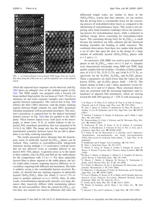 252901-3       Fisher et al.                                                                                     Appl. Phys. Lett. 91, 252901 ͑2007͒


                                                                             diffusional length scales are similar to those in the
                                                                             ͑SrO͒m͑TiO2͒n system that does intermix, we can surmise
                                                                             that the driving force is considerably lower for the coarsen-
                                                                             ing process of rocksalt/perovskite layers as compared to the
                                                                             intermixing of rocksalt/anatase layers. This result is not sur-
                                                                             prising since bond formation ͑enthalpy͒ drives the intermix-
                                                                             ing process for rocksalt/anatase layers, while a reduction in
                                                                             interface energy drives coarsening for rocksalt/perovskite
                                                                             layers. The coarsening driving force for SrmTiO2+m is small
                                                                             because the interfaces are fully coherent and the interfacial
                                                                             bonding resembles the bonding in stable structures. The
                                                                             combined observations from these two studies help describe
                                                                             a set of rules that open the door to the design of a large
                                                                             number of artiﬁcially layered ͑SrO͒m͑TiO2͒n phases with
                                                                             m Ͼ 2 and n Ͼ 1.
                                                                                  In conclusion, LBL-MBE was used to grow intergrowth
                                                                             phases in the SrmTiO2+m series ͑m = 1 – 5 and ϱ͒. Samples
                                                                             were characterized structurally using XRD and TEM; high
                                                                             quality samples had out-of-plane c ͑in-plane a͒ lattice param-
                                                                             eters of 9.14 ͑3.78͒, 23.55 ͑3.75͒, and 14.60 Å ͑3.75 Å͒, re-
FIG. 3. ͑a͒ Fourier-ﬁltered cross-sectional TEM image from the Sr5TiO7       spectively, for the Sr3TiO5, Sr4TiO6, and Sr5TiO7 phases.
ﬁlm taken along the ͓100͔ zone axis, and ͑b͒ magniﬁed view of the outlined   These a parameters are much lower than the values for the
region.
                                                                             known SrTiO3 and Sr2TiO4 phases ͑both ϳ3.90 Å͒. The
                                                                             largest change in both a and c lattice parameters occurs be-
which the expected layer sequence can be observed, and Fig.                  tween the m = 2 and m = 3 phases. These structural observa-
3͑b͒ shows an enlarged view of the outlined region in Fig.                   tions are consistent with the increasing importance ͑and re-
3͑a͒. The TEM sample was prepared with a focused ion                         laxations͒ of adjacent SrO monolayers, which are moving
beam method ͑ﬁnal polish: Ga ion beam at 5 keV/ 70 nA͒, to                   toward the bulk SrO spacing of ϳ3.65 Å with increasing m.
minimize air and water exposure ͑samples were transferred
quickly between instruments͒. The vertical line in Fig. 3͑b͒                 1
                                                                                J. H. Haeni, C. D. Theis, D. G. Schlom, W. Tian, X. Q. Pan, H. Chang, I.
follows the ﬁlm’s ͓001͔ direction, with the hashes marking                      Takeuchi, and X.-D. Chiang, Appl. Phys. Lett. 78, 3292 ͑2001͒.
regions between bright columns for each ͑001͒ monolayer                       2
                                                                                W. Tian, J. Haeni, D. Schlom, E. Hutchinson, B. Sheu, M. Rosario, P.
͑detailed simulations will be presented elsewhere͒. The struc-                  Schiffer, Y. Liu, M. Zurbuchen, and X. Pan, Appl. Phys. Lett. 90, 022507
                                                                                ͑2007͒.
ture’s periodicity is captured best by the darkest horizontal                 3
                                                                                T. Tsurumi, T. Ichikawa, T. Harigai, H. Kakemoto, and S. Wada, J. Appl.
features ͓arrows in Fig. 3͑a͔͒ that are parallel to the ͑001͒                   Phys. 91, 2284 ͑2002͒.
plane. These features repeat every sixth layer in the micro-                  4
                                                                                M. Warusawithana, E. Colla, J. Eckstein, and M. Weissman, Phys. Rev.
graph, or about every 14 Å, in similar fashion to the ex-                       Lett. 90, 036802 ͑2003͒.
                                                                              5
pected TiO2 monolayer periodicity that was measured to be                       A. Soukiassian, W. Tian, D. Tenne, X. Xi, D. Schlom, N. Lanzillotti-
14.16 Å by XRD. The image also has the expected lateral                         Kimura, A. Bruchhausen, A. Fainstein, H. Sun, X. Pan, A. Cros, and A.
                                                                                Cantarero, Appl. Phys. Lett. 90, 042909 ͑2007͒.
translational symmetry between layers for an odd m phase:                     6
                                                                                P. J. Fisher, H. Du, M. Skowronski, P. A. Salvador, and O. Maksimov,
there is no body centering translation.                                         “Stoichiometric, non-stoichiometric, and locally non-stoichiometric
     The results presented above illustrate that the homolo-                    SrTiO3 ﬁlms grown by molecular beam epitaxy,” J. Appl. Phys. ͑to be
gous series of artiﬁcially layered SrmTiO2+m phases can be                      published͒.
                                                                              7
realized. They conform to rocksalt/perovskite intergrowth                       S. Ruddlesden and P. Popper, Acta Crystallogr. 10, 538 ͑1957͒.
                                                                              8
structures having multiple ͑Ͼ2 consecutive͒ rocksalt layers                     R. Tilley, J. Solid State Chem. 21, 293 ͑1977͒.
                                                                              9
                                                                                Y. Tokura, T. Arima, H. Takagi, S. Uchida, T. Ishigaki, H. Asano, R.
that are not observed ͑even as extended defects͒ in any                         Beyers, A. Nazzal, P. Lacorre, and J. Torrance, Nature ͑London͒ 342, 890
known SrO – TiO2 phases. A question arises as to the nature                     ͑1989͒.
of their stability, since Sr2TiO4 and SrO are the stable phases              10
                                                                                M. Huve, C. Martin, A. Maignon, C. Michel, G. V. Tendeloo, M. Hervieu,
for the compositions with 3 ഛ m Ͻ ϱ. For these epitaxially                      and B. Raveau, J. Solid State Chem. 114, 230 ͑1995͒.
                                                                             11
layered ﬁlms to phase separate to the stable phases, the lay-                   A. Masset, C. Michel, A. Maignon, M. Hervieu, O. Toulemonde, F.
ers could either coarsen, requiring massive diffusion, or re-                   Studer, and B. Raveau, Phys. Rev. B 62, 166 ͑2000͒.
                                                                             12
                                                                                P. J. Fisher, O. Maksimov, H. Du, V. Heydemann, M. Skowrosnki, and P.
crystallize, requiring both diffusion and nucleation. The latter                Salvador, Microelectron. J. 37, 1493 ͑2006͒.
is unlikely owing to the considerable barriers involved. Re-                 13
                                                                                O. Maksimov, V. Heydemann, P. Fisher, M. Skowrosnki, and P. Salvador,
cently, we showed that any stacking sequence in epitaxially                     Appl. Phys. Lett. 89, 262903 ͑2006͒.
layered ͑SrO͒m͑TiO2͒n ﬁlms ͑for which 2 Ͻ m = n Ͻ 33͒ re-                    14
                                                                                V. Leca, G. Rjinders, G. Koster, D. H. A. Blank, and H. Rogalla, Materials
acted to produce epitaxial m = n = 1 SrTiO3 ﬁlms. In other                      Research Society Symposia Proceedings ͑Materials Research Society,
                                                                                Pittsburgh, 2000͒, Vol. 587, Paper No. 03.6.1.
words, rocksalt/anatase intergrowths intermix over large dis-                15
                                                                                C. Fennie and K. Rabe, Phys. Rev. B 68, 184111 ͑2003͒.
tances ͑they massively diffuse͒ while maintaining epitaxy                    16
                                                                                W. Primak, H. Kaufman, and R. Ward, J. Am. Chem. Soc. 70, 2043
͑they do not recrystallize͒. Since the current SrmTiO2+m sys-                   ͑1948͒.
tem does not coarsen ͑no massive diffusion͒ and since the                    17
                                                                                S. Howard, J. Yau, and H. Anderson, J. Appl. Phys. 65, 1492 ͑1989͒.



 Downloaded 17 Dec 2007 to 128.118.37.12. Redistribution subject to AIP license or copyright; see http://apl.aip.org/apl/copyright.jsp
 