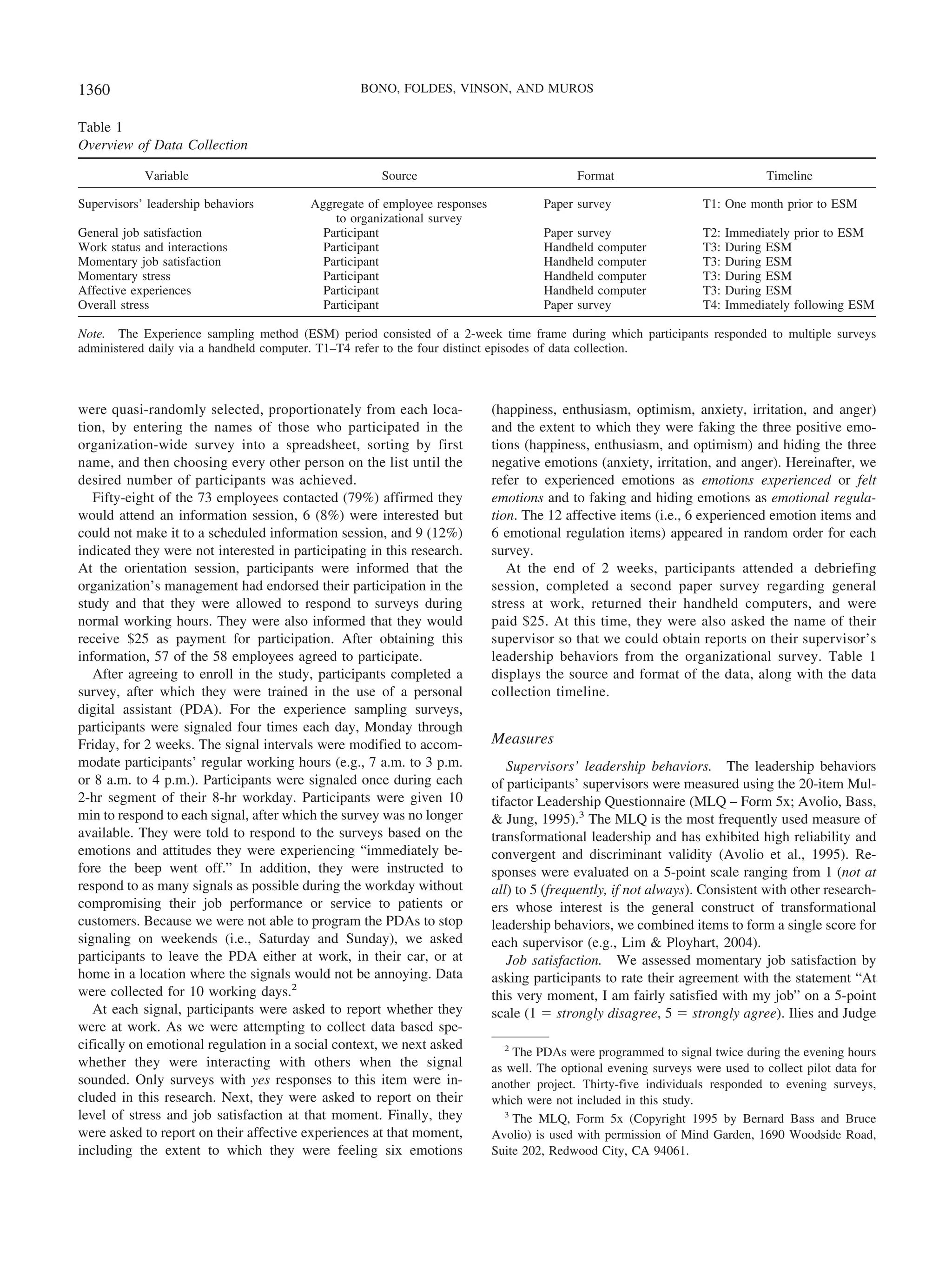 were quasi-randomly selected, proportionately from each loca-
tion, by entering the names of those who participated in the
organization-wide survey into a spreadsheet, sorting by first
name, and then choosing every other person on the list until the
desired number of participants was achieved.
Fifty-eight of the 73 employees contacted (79%) affirmed they
would attend an information session, 6 (8%) were interested but
could not make it to a scheduled information session, and 9 (12%)
indicated they were not interested in participating in this research.
At the orientation session, participants were informed that the
organization’s management had endorsed their participation in the
study and that they were allowed to respond to surveys during
normal working hours. They were also informed that they would
receive $25 as payment for participation. After obtaining this
information, 57 of the 58 employees agreed to participate.
After agreeing to enroll in the study, participants completed a
survey, after which they were trained in the use of a personal
digital assistant (PDA). For the experience sampling surveys,
participants were signaled four times each day, Monday through
Friday, for 2 weeks. The signal intervals were modified to accom-
modate participants’ regular working hours (e.g., 7 a.m. to 3 p.m.
or 8 a.m. to 4 p.m.). Participants were signaled once during each
2-hr segment of their 8-hr workday. Participants were given 10
min to respond to each signal, after which the survey was no longer
available. They were told to respond to the surveys based on the
emotions and attitudes they were experiencing “immediately be-
fore the beep went off.” In addition, they were instructed to
respond to as many signals as possible during the workday without
compromising their job performance or service to patients or
customers. Because we were not able to program the PDAs to stop
signaling on weekends (i.e., Saturday and Sunday), we asked
participants to leave the PDA either at work, in their car, or at
home in a location where the signals would not be annoying. Data
were collected for 10 working days.2
At each signal, participants were asked to report whether they
were at work. As we were attempting to collect data based spe-
cifically on emotional regulation in a social context, we next asked
whether they were interacting with others when the signal
sounded. Only surveys with yes responses to this item were in-
cluded in this research. Next, they were asked to report on their
level of stress and job satisfaction at that moment. Finally, they
were asked to report on their affective experiences at that moment,
including the extent to which they were feeling six emotions
(happiness, enthusiasm, optimism, anxiety, irritation, and anger)
and the extent to which they were faking the three positive emo-
tions (happiness, enthusiasm, and optimism) and hiding the three
negative emotions (anxiety, irritation, and anger). Hereinafter, we
refer to experienced emotions as emotions experienced or felt
emotions and to faking and hiding emotions as emotional regula-
tion. The 12 affective items (i.e., 6 experienced emotion items and
6 emotional regulation items) appeared in random order for each
survey.
At the end of 2 weeks, participants attended a debriefing
session, completed a second paper survey regarding general
stress at work, returned their handheld computers, and were
paid $25. At this time, they were also asked the name of their
supervisor so that we could obtain reports on their supervisor’s
leadership behaviors from the organizational survey. Table 1
displays the source and format of the data, along with the data
collection timeline.
Measures
Supervisors’ leadership behaviors. The leadership behaviors
of participants’ supervisors were measured using the 20-item Mul-
tifactor Leadership Questionnaire (MLQ – Form 5x; Avolio, Bass,
& Jung, 1995).3
The MLQ is the most frequently used measure of
transformational leadership and has exhibited high reliability and
convergent and discriminant validity (Avolio et al., 1995). Re-
sponses were evaluated on a 5-point scale ranging from 1 (not at
all) to 5 (frequently, if not always). Consistent with other research-
ers whose interest is the general construct of transformational
leadership behaviors, we combined items to form a single score for
each supervisor (e.g., Lim & Ployhart, 2004).
Job satisfaction. We assessed momentary job satisfaction by
asking participants to rate their agreement with the statement “At
this very moment, I am fairly satisfied with my job” on a 5-point
scale (1 ϭ strongly disagree, 5 ϭ strongly agree). Ilies and Judge
2
The PDAs were programmed to signal twice during the evening hours
as well. The optional evening surveys were used to collect pilot data for
another project. Thirty-five individuals responded to evening surveys,
which were not included in this study.
3
The MLQ, Form 5x (Copyright 1995 by Bernard Bass and Bruce
Avolio) is used with permission of Mind Garden, 1690 Woodside Road,
Suite 202, Redwood City, CA 94061.
Table 1
Overview of Data Collection
Variable Source Format Timeline
Supervisors’ leadership behaviors Aggregate of employee responses
to organizational survey
Paper survey T1: One month prior to ESM
General job satisfaction Participant Paper survey T2: Immediately prior to ESM
Work status and interactions Participant Handheld computer T3: During ESM
Momentary job satisfaction Participant Handheld computer T3: During ESM
Momentary stress Participant Handheld computer T3: During ESM
Affective experiences Participant Handheld computer T3: During ESM
Overall stress Participant Paper survey T4: Immediately following ESM
Note. The Experience sampling method (ESM) period consisted of a 2-week time frame during which participants responded to multiple surveys
administered daily via a handheld computer. T1–T4 refer to the four distinct episodes of data collection.
1360 BONO, FOLDES, VINSON, AND MUROS
 