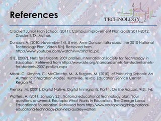 References
Crockett Junior High School. (2011). Campus Improvement Plan Goals 2011-2012.
   Crockett, TX: Author.
Duncan, A. (2010, November 14). 5 min. Arne Duncan talks about the 2010 National
   Technology Plan [Video file]. Retrieved from
   http://www.youtube.com/watch?v=Z0PctTd_plE
ISTE. (2007). Nets for students 2007 profiles. International Society for Technology in
    Education. Retrieved from http://www.iste.org/standards/nets-for-students/nets-
    for-students-2007-profiles.aspx
Moak, C., Slayton, C., McClatchy, M., & Burgess, M. (2010). eStructuring Schools: An
  Authentic Integration Model. Huntsville, Texas: Education Service Center
  Region VI.
Prensky, M. (2001). Digital Native, Digital Immigrants: Part 1. On the Horizon, 9(5), 1-6.
Watters, A. (2011, January 25). National educational technology plan: Your
  questions answered. Edutopia What Works In Education. The George Lucas
  Educational Foundation. Retrieved from http://www.edutopia.org/blog/national-
  educational-technology-plan-netp-audrey-watters
 