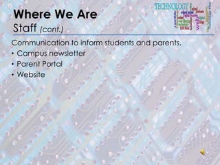 Where We Are
Staff (cont.)
Communication to inform students and parents.
• Campus newsletter
• Parent Portal
• Website
 