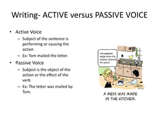 Writing- ACTIVE versus PASSIVE VOICE
• Active Voice
– Subject of the sentence is
performing or causing the
action
– Ex: Tom mailed the letter.
• Passive Voice
– Subject is the object of the
action or the effect of the
verb
– Ex: The letter was mailed by
Tom.
 