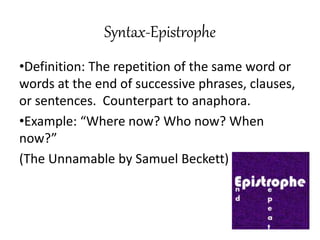 Syntax-Epistrophe
•Definition: The repetition of the same word or
words at the end of successive phrases, clauses,
or sentences. Counterpart to anaphora.
•Example: “Where now? Who now? When
now?”
(The Unnamable by Samuel Beckett)
 