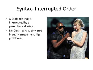 Syntax- Interrupted Order
• A sentence that is
interrupted by a
parenthetical aside
• Ex: Dogs--particularly pure
breeds--are prone to hip
problems.
 