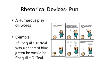 • A Humorous play
on words
• Example:
If Shaquille O’Neal
was a shade of blue
green he would be
Shaquille O’ Teal.
Rhetorical Devices- Pun
 