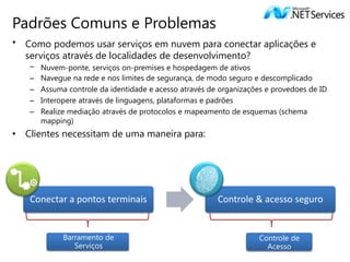 Padrões Comuns e Problemas
• Como podemos usar serviços em nuvem para conectar aplicações e
  serviços através de localidades de desenvolvimento?
   – Nuvem-ponte, serviços on-premises e hospedagem de ativos
   – Navegue na rede e nos limites de segurança, de modo seguro e descomplicado
   – Assuma controle da identidade e acesso através de organizações e provedoes de ID
   – Interopere através de linguagens, plataformas e padrões
   – Realize mediação através de protocolos e mapeamento de esquemas (schema
     mapping)
• Clientes necessitam de uma maneira para:




   Conectar a pontos terminais                        Controle & acesso seguro


            Barramento de                                         Controle de
               Serviços                                             Acesso
 