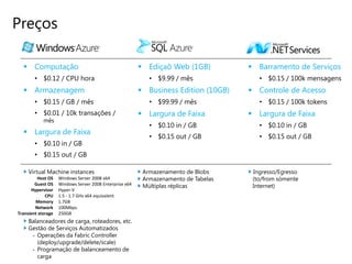 Preços

   Computação                                            Ediçaõ Web (1GB)           Barramento de Serviços
        • $0.12 / CPU hora                                  • $9.99 / mês               • $0.15 / 100k mensagens
   Armazenagem                                           Business Edition (10GB)    Controle de Acesso
        • $0.15 / GB / mês                                  • $99.99 / mês              • $0.15 / 100k tokens
        • $0.01 / 10k transações /                        Largura de Faixa           Largura de Faixa
            mês
                                                            • $0.10 in / GB             • $0.10 in / GB
   Largura de Faixa
                                                            • $0.15 out / GB            • $0.15 out / GB
        • $0.10 in / GB
        • $0.15 out / GB

     Virtual Machine instances                            Armazenamento de Blobs      Ingresso/Egresso
         Host OS    Windows Server 2008 x64               Armazenamento de Tabelas    (to/from sòmente
        Guest OS    Windows Server 2008 Enterprise x64    Múltiplas réplicas          Internet)
      Hypervisor    Hyper-V
             CPU    1.5 - 1.7 GHz x64 equivalent
        Memory      1.7GB
        Network     100Mbps
Transient storage   250GB
     Balanceadores de carga, roteadores, etc.
     Gestão de Serviços Automatizados
      - Operações da Fabric Controller
        (deploy/upgrade/delete/scale)
      - Programação de balanceamento de
        carga
 