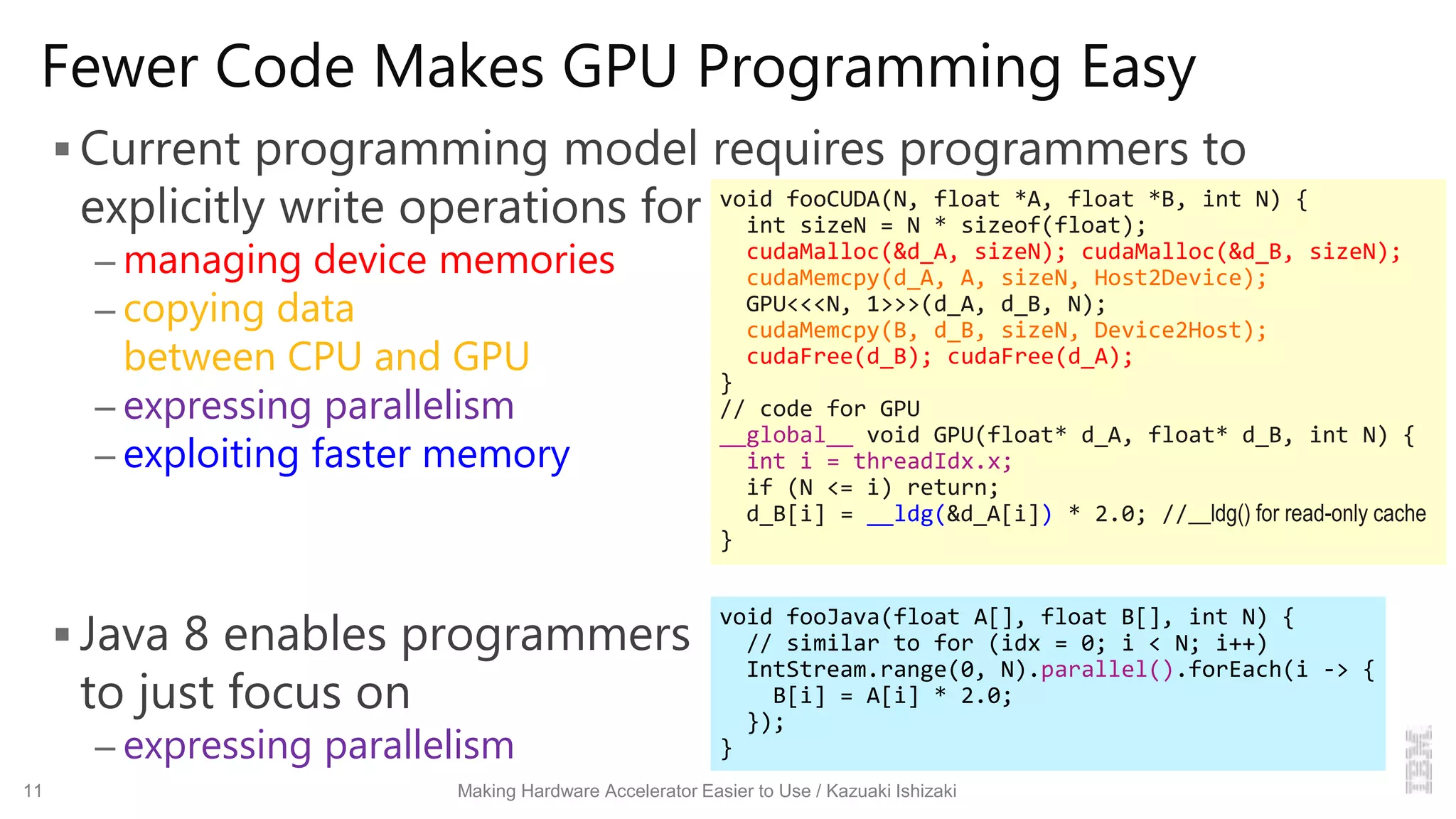Fewer Code Makes GPU Programming Easy
 Current programming model requires programmers to
explicitly write operations for
– managing device memories
– copying data
between CPU and GPU
– expressing parallelism
– exploiting faster memory
 Java 8 enables programmers
to just focus on
– expressing parallelism
11 Making Hardware Accelerator Easier to Use / Kazuaki Ishizaki
void fooCUDA(N, float *A, float *B, int N) {
int sizeN = N * sizeof(float);
cudaMalloc(&d_A, sizeN); cudaMalloc(&d_B, sizeN);
cudaMemcpy(d_A, A, sizeN, Host2Device);
GPU<<<N, 1>>>(d_A, d_B, N);
cudaMemcpy(B, d_B, sizeN, Device2Host);
cudaFree(d_B); cudaFree(d_A);
}
// code for GPU
__global__ void GPU(float* d_A, float* d_B, int N) {
int i = threadIdx.x;
if (N <= i) return;
d_B[i] = __ldg(&d_A[i]) * 2.0; //__ldg() for read-only cache
}
void fooJava(float A[], float B[], int N) {
// similar to for (idx = 0; i < N; i++)
IntStream.range(0, N).parallel().forEach(i -> {
B[i] = A[i] * 2.0;
});
}
 