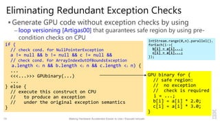Eliminating Redundant Exception Checks
 Generate GPU code without exception checks by using
– loop versioning [Artigas00] that guarantees safe region by using pre-
condition checks on CPU
19 Making Hardware Accelerator Easier to Use / Kazuaki Ishizaki
if (
// check cond. for NullPointerException
a != null && b != null && c != null &&
// check cond. for ArrayIndexOutOfBoundsException
a.length <l n && b.length <l n && c.length <l n) {
...
<<<...>>> GPUbinary(...)
...
} else {
// execute this construct on CPU
// to produce an exception
// under the original exception semantics
}
GPU binary for {
// safe region:
// no exception
// check is required
i = ...;
b[i] = a[i] * 2.0;
c[i] = a[i] * 3.0;
}
IntStream.range(0,n).parallel().
forEach(i->{
b[i] = a[i]...;
c[i] = a[i]...;
});
 