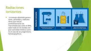 Radiaciones
ionizantes
 La energía absorbida genera
iones, peróxidos y radicales
libres que atacan
preferentemente las
macromoléculas como el DNA,
sobre todo en los tejidos con
gran actividad mitótica como
es el caso de los progenitores
hematopoyéticos
 