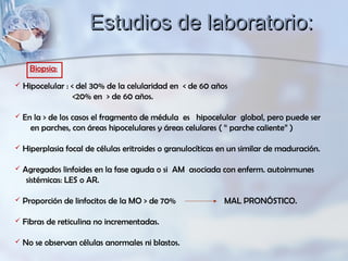 Biopsia:
 Hipocelular : < del 30% de la celularidad en < de 60 años
<20% en > de 60 años.
 En la > de los casos el fragmento de médula es hipocelular global, pero puede ser
en parches, con áreas hipocelulares y áreas celulares ( “ parche caliente” )
 Hiperplasia focal de células eritroides o granulocíticas en un similar de maduración.
 Agregados linfoides en la fase aguda o si AM asociada con enferm. autoinmunes
sistémicas: LES o AR.
 Proporción de linfocitos de la MO > de 70% MAL PRONÓSTICO.
 Fibras de reticulina no incrementadas.
 No se observan células anormales ni blastos.
Estudios de laboratorio:Estudios de laboratorio:
 