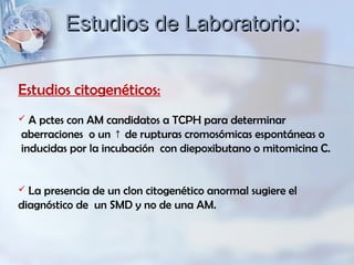 Estudios citogenéticos:
 A pctes con AM candidatos a TCPH para determinar
aberraciones o un de rupturas cromosómicas espontáneas o↑
inducidas por la incubación con diepoxibutano o mitomicina C.
 La presencia de un clon citogenético anormal sugiere el
diagnóstico de un SMD y no de una AM.
Estudios de Laboratorio:Estudios de Laboratorio:
 