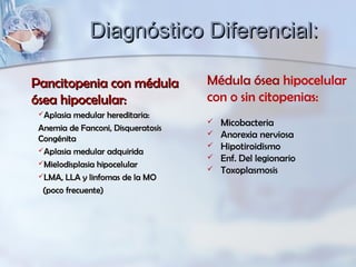 Diagnóstico Diferencial:Diagnóstico Diferencial:
Pancitopenia con médulaPancitopenia con médula
ósea hipocelular:ósea hipocelular:
Aplasia medular hereditaria:Aplasia medular hereditaria:
Anemia de Fanconi, DisqueratosisAnemia de Fanconi, Disqueratosis
CongénitaCongénita
Aplasia medular adquiridaAplasia medular adquirida
Mielodisplasia hipocelularMielodisplasia hipocelular
LMA, LLA y linfomas de la MOLMA, LLA y linfomas de la MO
(poco frecuente)(poco frecuente)
Médula ósea hipocelular
con o sin citopenias:
 Micobacteria
 Anorexia nerviosa
 Hipotiroidismo
 Enf. Del legionario
 Toxoplasmosis
 