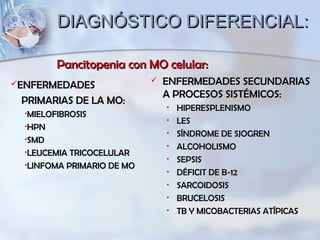 DIAGNÓSTICO DIFERENCIAL:DIAGNÓSTICO DIFERENCIAL:
Pancitopenia con MO celular:Pancitopenia con MO celular:
ENFERMEDADESENFERMEDADES
PRIMARIAS DE LA MO:PRIMARIAS DE LA MO:
•MIELOFIBROSISMIELOFIBROSIS
•HPNHPN
•SMDSMD
•LEUCEMIA TRICOCELULARLEUCEMIA TRICOCELULAR
•LINFOMA PRIMARIO DE MOLINFOMA PRIMARIO DE MO
 ENFERMEDADES SECUNDARIASENFERMEDADES SECUNDARIAS
A PROCESOS SISTÉMICOS:A PROCESOS SISTÉMICOS:
• HIPERESPLENISMOHIPERESPLENISMO
• LESLES
• SÍNDROME DE SJOGRENSÍNDROME DE SJOGREN
• ALCOHOLISMOALCOHOLISMO
• SEPSISSEPSIS
• DÉFICIT DE B-12DÉFICIT DE B-12
• SARCOIDOSISSARCOIDOSIS
• BRUCELOSISBRUCELOSIS
• TB Y MICOBACTERIAS ATÍPICASTB Y MICOBACTERIAS ATÍPICAS
 