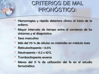 CRITERIOS DE MALCRITERIOS DE MAL
PRONÓSTICO:PRONÓSTICO:
 Hemorragias y rápido deterioro clínico al inicio de laHemorragias y rápido deterioro clínico al inicio de la
enferm.enferm.
 Mayor intervalo de tiempo entre el comienzo de losMayor intervalo de tiempo entre el comienzo de los
síntomas y el diagnóstico.síntomas y el diagnóstico.
 Sexo masculinoSexo masculino
 Más del 70 % de células no mieloides en médula óseaMás del 70 % de células no mieloides en médula ósea
 ReticulocitopeniaReticulocitopenia < 0.5%< 0.5%
 NeutropeniaNeutropenia < 0.2< 0.2 x 10x 1099
/L/L
 Trombocitopenia severasTrombocitopenia severas
 Menos del 11 % de utilización del fe en el estudioMenos del 11 % de utilización del fe en el estudio
ferrocinéticoferrocinético
 