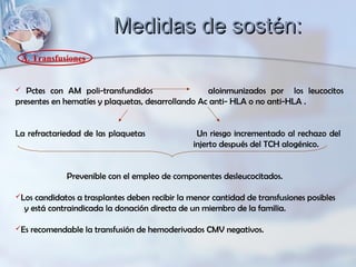  Pctes con AM poli-transfundidos aloinmunizados por los leucocitos
presentes en hematíes y plaquetas, desarrollando Ac anti- HLA o no anti-HLA .
La refractariedad de las plaquetas Un riesgo incrementado al rechazo del
injerto después del TCH alogénico.
Prevenible con el empleo de componentes desleucocitados.
Los candidatos a trasplantes deben recibir la menor cantidad de transfusiones posibles
y está contraindicada la donación directa de un miembro de la familia.
Es recomendable la transfusión de hemoderivados CMV negativos.
A. Transfusiones
Medidas de sostén:Medidas de sostén:
 