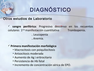 DIAGNÓSTICO
Otros estudios de Laboratorio
 sangre periférica: Progresivo descenso en los recuentos
celulares 1era
manifestación cuantitativa Trombopenia.
. Leucopenia
. Anemia.
 Primera manifestación morfológica
• Macrocitosis con poiquilocitosis
• Anisocitosis moderada
• Aumento de Ag i eritrocitario
• Persistencia de Hb fetal
• Incremento de concentración sérica de EPO.
 