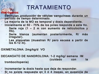 TRATAMIENTO
Andrógenos:Andrógenos:
 Estimulan producción de células sanguíneas durante unEstimulan producción de células sanguíneas durante un
período de tiempo determinado.período de tiempo determinado.
 La mejoría de la MO es temporal y dosis dependiente.La mejoría de la MO es temporal y dosis dependiente.
 Inicialmente el 50 - 75% de los pctes responde a este tto.Inicialmente el 50 - 75% de los pctes responde a este tto.
• Serie roja (1 – 2 m con aumento de reticulocitos ySerie roja (1 – 2 m con aumento de reticulocitos y
Hb).Hb).
• Serie blanca (aumentan posteriormente, R/ másSerie blanca (aumentan posteriormente, R/ más
irregular).irregular).
• Las plaquetas (muestran R/ pero escasa a partir deLas plaquetas (muestran R/ pero escasa a partir de
los 6-12 m).los 6-12 m).
OXIMETALONA: 2mg/kg/d VOOXIMETALONA: 2mg/kg/d VO
DECANOATO DE NANDROLONA: 1-2 mg/kg/ semana IMDECANOATO DE NANDROLONA: 1-2 mg/kg/ semana IM
(cuidado con la(cuidado con la
trombocitopenia)trombocitopenia)
 Incrementar la dosis hasta que deja de responder.Incrementar la dosis hasta que deja de responder.
 Si no existe respuesta en 3 ó 4 meses, en ausencia deSi no existe respuesta en 3 ó 4 meses, en ausencia de
 