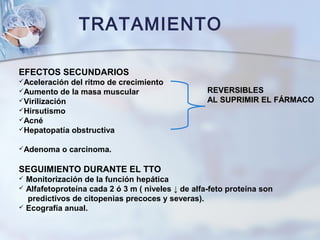 TRATAMIENTO
EFECTOS SECUNDARIOS
Aceleración del ritmo de crecimiento
Aumento de la masa muscular
Virilización
Hirsutismo
Acné
Hepatopatía obstructiva
Adenoma o carcinoma.
SEGUIMIENTO DURANTE EL TTO
 Monitorización de la función hepática
 Alfafetoproteína cada 2 ó 3 m ( niveles ↓ de alfa-feto proteína son
predictivos de citopenias precoces y severas).
 Ecografía anual.
REVERSIBLES
AL SUPRIMIR EL FÁRMACO
 