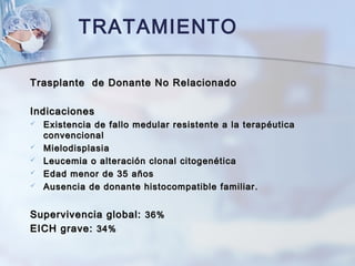TRATAMIENTO
Trasplante de Donante No RelacionadoTrasplante de Donante No Relacionado
IndicacionesIndicaciones
 Existencia de fallo medular resistente a la terapéuticaExistencia de fallo medular resistente a la terapéutica
convencionalconvencional
 MielodisplasiaMielodisplasia
 Leucemia o alteración clonal citogenéticaLeucemia o alteración clonal citogenética
 Edad menor de 35 añosEdad menor de 35 años
 Ausencia de donante histocompatible familiar.Ausencia de donante histocompatible familiar.
Supervivencia global:Supervivencia global: 36%36%
EICH grave:EICH grave: 34%34%
 