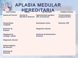 PANCITOPENIA ANEMIA NEUTROPENIA TROMBOCITOPENIA
Anemia de Fanconi Anemia de
Blackfand- Diamond
Agranulocitosis genética
(Enf. de Kostman)
Trombocitopenia
amegacariocitica
Disqueratosis
congénita
Neutropenia cíclica Síndrome TAR
Síndrome de
Pearson
Disgenesia reticular
Hipoplasia de
cartílago- cabello
Síndrome de Schwachman
Diamond
Disgenesia reticular
Anemia Aplásica
(No fanconi)
Síndrome de
Dubowitz
APLASIA MEDULAR
HEREDITARIA
 