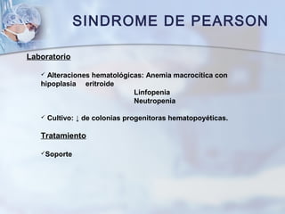 SINDROME DE PEARSON
Laboratorio
 Alteraciones hematológicas: Anemia macrocítica con
hipoplasia eritroide
Linfopenia
Neutropenia
 Cultivo: ↓ de colonias progenitoras hematopoyéticas.
Tratamiento
Soporte
 