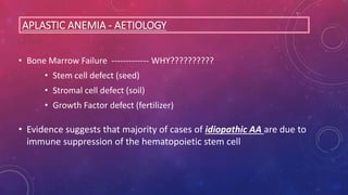 APLASTIC ANEMIA - AETIOLOGY
• Bone Marrow Failure ------------- WHY??????????
• Stem cell defect (seed)
• Stromal cell defect (soil)
• Growth Factor defect (fertilizer)
• Evidence suggests that majority of cases of idiopathic AA are due to
immune suppression of the hematopoietic stem cell
 