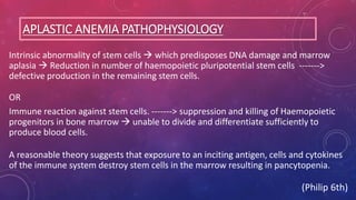 APLASTIC ANEMIA PATHOPHYSIOLOGY
Intrinsic abnormality of stem cells  which predisposes DNA damage and marrow
aplasia  Reduction in number of haemopoietic pluripotential stem cells ------->
defective production in the remaining stem cells.
OR
Immune reaction against stem cells. -------> suppression and killing of Haemopoietic
progenitors in bone marrow  unable to divide and differentiate sufficiently to
produce blood cells.
A reasonable theory suggests that exposure to an inciting antigen, cells and cytokines
of the immune system destroy stem cells in the marrow resulting in pancytopenia.
(Philip 6th)
 