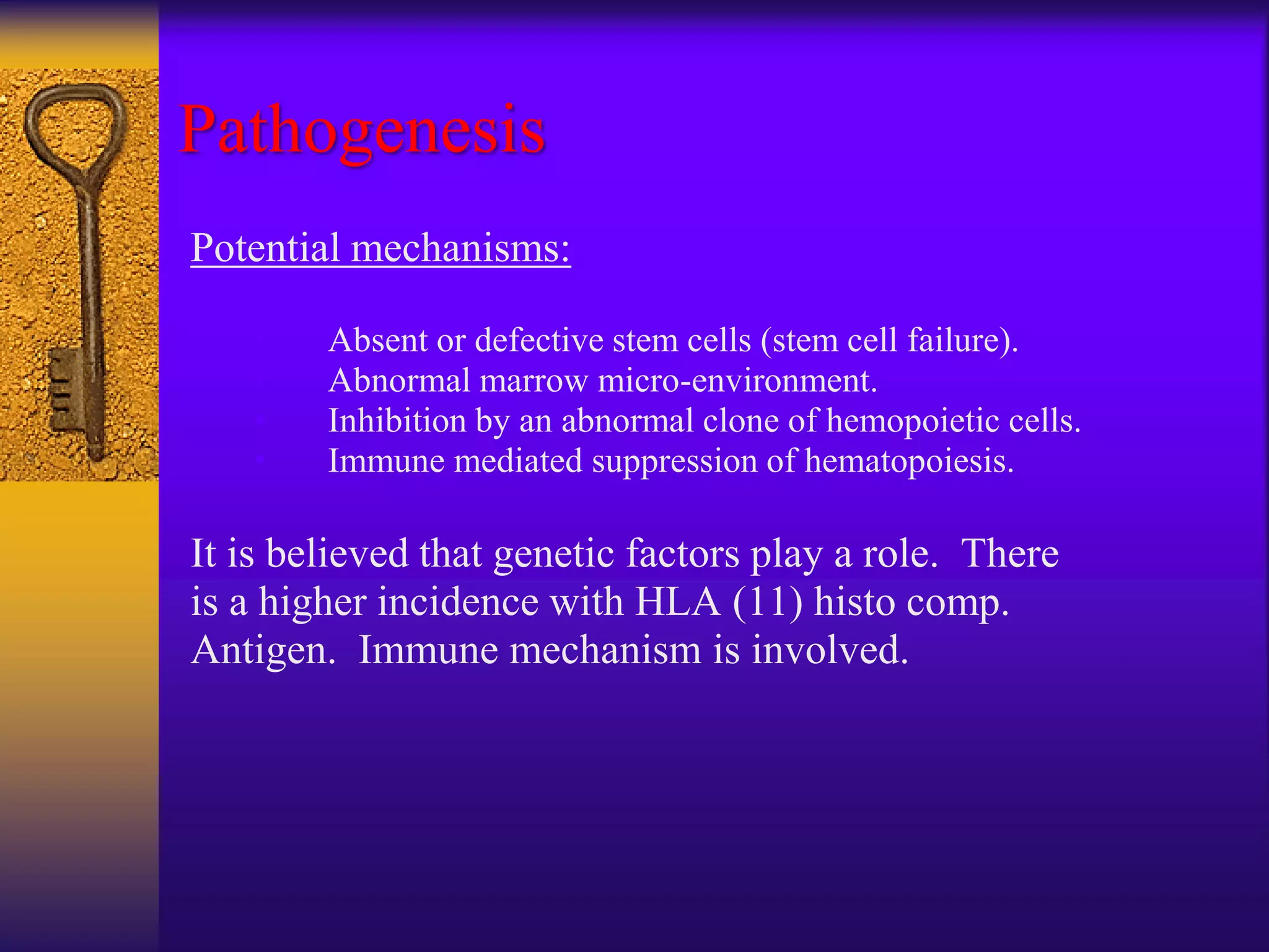 Pathogenesis
Potential mechanisms:
• Absent or defective stem cells (stem cell failure).
• Abnormal marrow micro-environment.
• Inhibition by an abnormal clone of hemopoietic cells.
• Immune mediated suppression of hematopoiesis.
It is believed that genetic factors play a role. There
is a higher incidence with HLA (11) histo comp.
Antigen. Immune mechanism is involved.
 