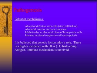 Pathogenesis
Potential mechanisms:
• Absent or defective stem cells (stem cell failure).
• Abnormal marrow micro-environment.
• Inhibition by an abnormal clone of hemopoietic cells.
• Immune mediated suppression of hematopoiesis.
It is believed that genetic factors play a role. There
is a higher incidence with HLA (11) histo comp.
Antigen. Immune mechanism is involved.
 