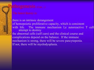 Pathogenesis (Cont…)
The latest theory is:
there is an intrinsic derangement
of hemopoietic proliferative capacity, which is consistent
with life. The immune mechanism I,e autoreactive T cells
attempt to destroy
the abnormal cells (self cure) and the clinical course and
complications depend on the balance. If the immune
mechanism is strong, there will be severe pancytopenia.
If not, there will be myelodysplasia.
 