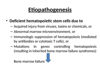 Etiopathogenesis
• Deficient hematopoietic stem cells due to
– Acquired injury from viruses, toxins or chemicals, or
– Abnormal marrow microenvironment, or
– Immunologic suppression of hematopoiesis (mediated
by antibodies or cytotoxic T cells), or
– Mutations in genes controlling hematopoiesis
(resulting in inherited bone marrow failure syndromes)
Bone marrow failure
 