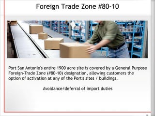 20
Foreign Trade Zone #80-10
Port San Antonio's entire 1900 acre site is covered by a General Purpose
Foreign-Trade Zone (#80-10) designation, allowing customers the
option of activation at any of the Port's sites / buildings.
Avoidance/deferral of import duties
 