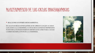 MANTENIMIENTO DE LOS CICLOS BIOGEOQUÍMICOS 
• REACCIONES DE INTERÉS MEDIOAMBIENTAL: 
EN ALGUNAS REACCIONES QUÍMICAS SE LIBERAN GAS QUE ACABAN 
LLEGANDO A LA ATMOSFERA. SI ESTAS REACCIONES SE DESPRENDEN 
PUEDE SER LO SUFICIENTEMENTE IMPORTANTE COMO PARA CAUSAR 
CAMBIOS SIGNIFICATIVOS EN LA ATMÓSFERA. 
 